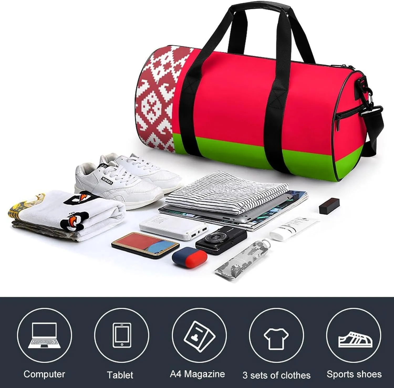 Belarus Flag Sports Duffel Bag for Boys Girls with Dry Wet Separation Overnight Gym Bag