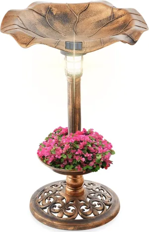 Best Choice Products Outdoor Solar Lighted Pedestal Bird Bath Fountain Decoration w/Planter, Integrated Panel, Scroll Accents for Lawn, Garden - Bronze
