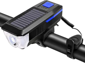 Bicycle headlamp, Solar/USB Charging Bike Light Bicycle Bell Horn Lamp Bike Flashlight Bike Front Light USB/Solar-Charged Rechargeable Waterproof Cycling Headlight with3 Modes 5 Sounds Fit