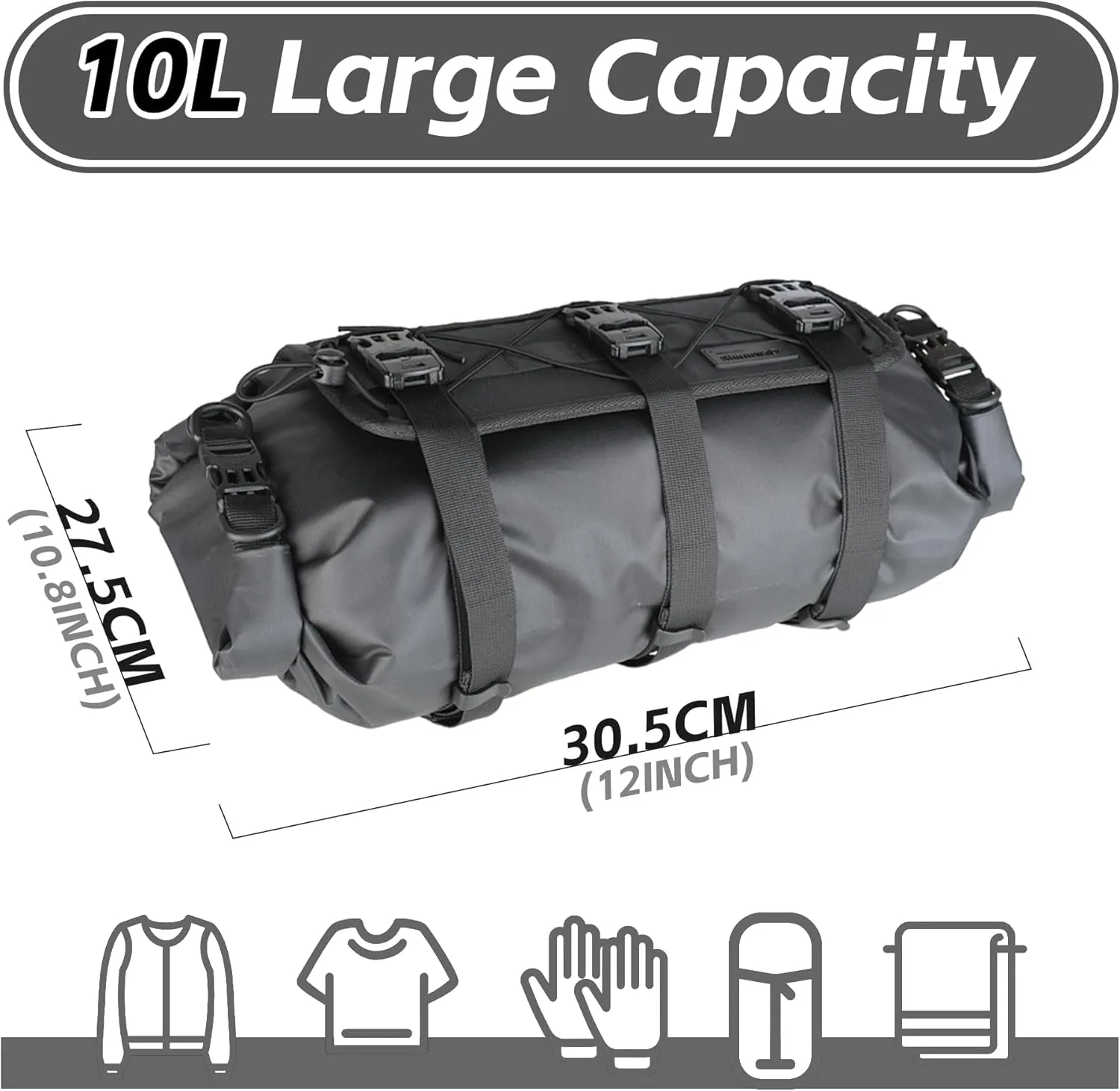 Bike Handlebar Bag Bicycle Front Bag Waterproof 8L-13L Roll Top Lightweight with Shoulder Strap for Mountain Road Cycling for Commuting and Touring (Black)