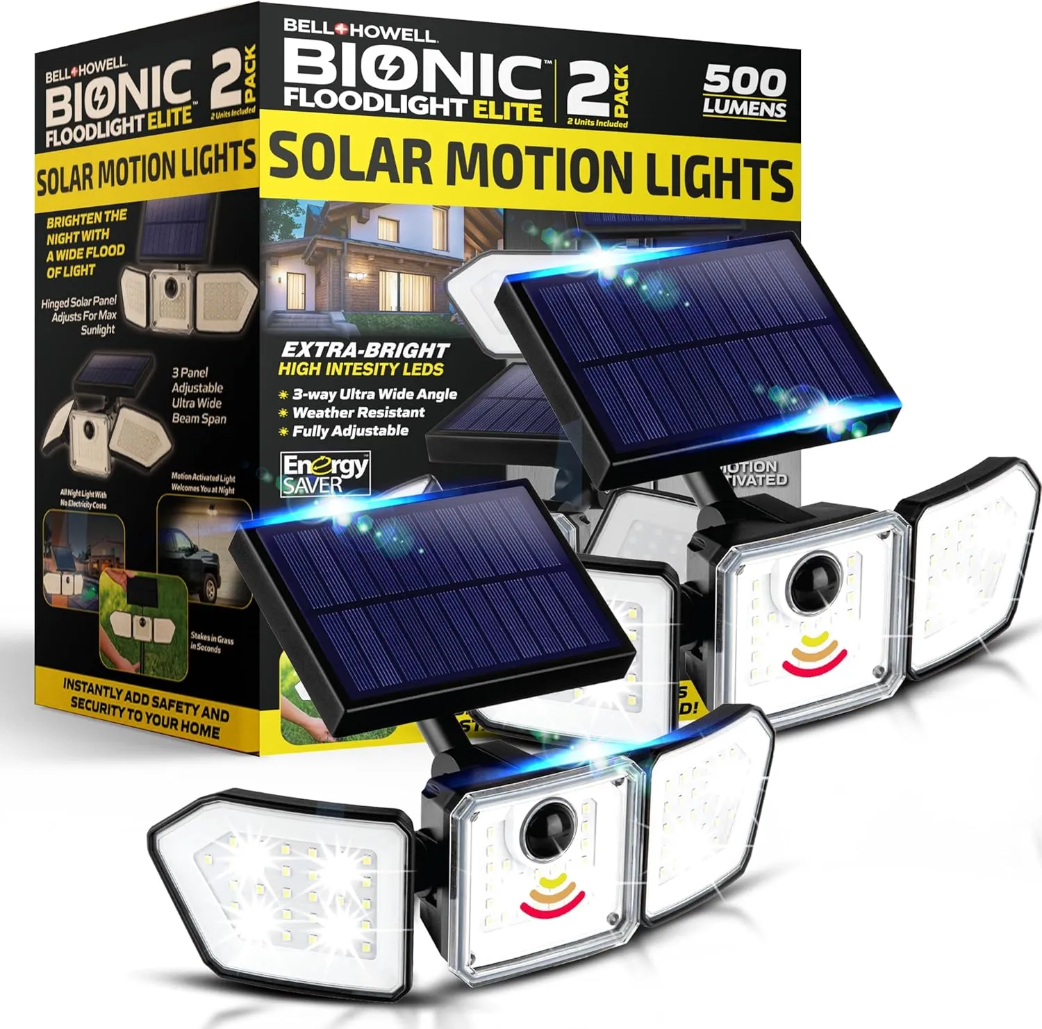 Bionic Flood Light 2 Pk Solar Lights Outdoor Waterproof, 500 Lumens Motion Sensor Outdoor Lights, Solar Motion Lights Outdoor for House, Solar Security Lights, Solar Powered Flood Light As Seen on TV