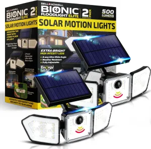 Bionic Flood Light 2 Pk Solar Lights Outdoor Waterproof, 500 Lumens Motion Sensor Outdoor Lights, Solar Motion Lights Outdoor for House, Solar Security Lights, Solar Powered Flood Light As Seen on TV