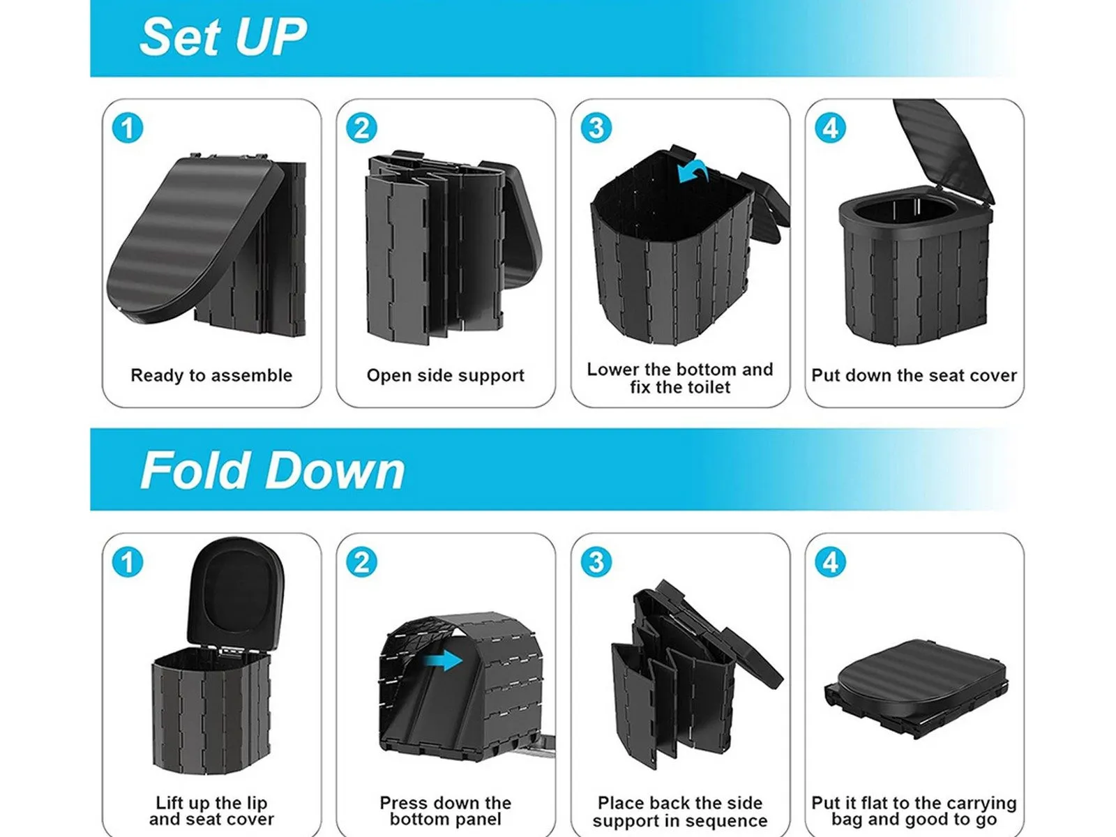 Black Portable Adults Folding Safe for Lid Toilet with Responsive Camping