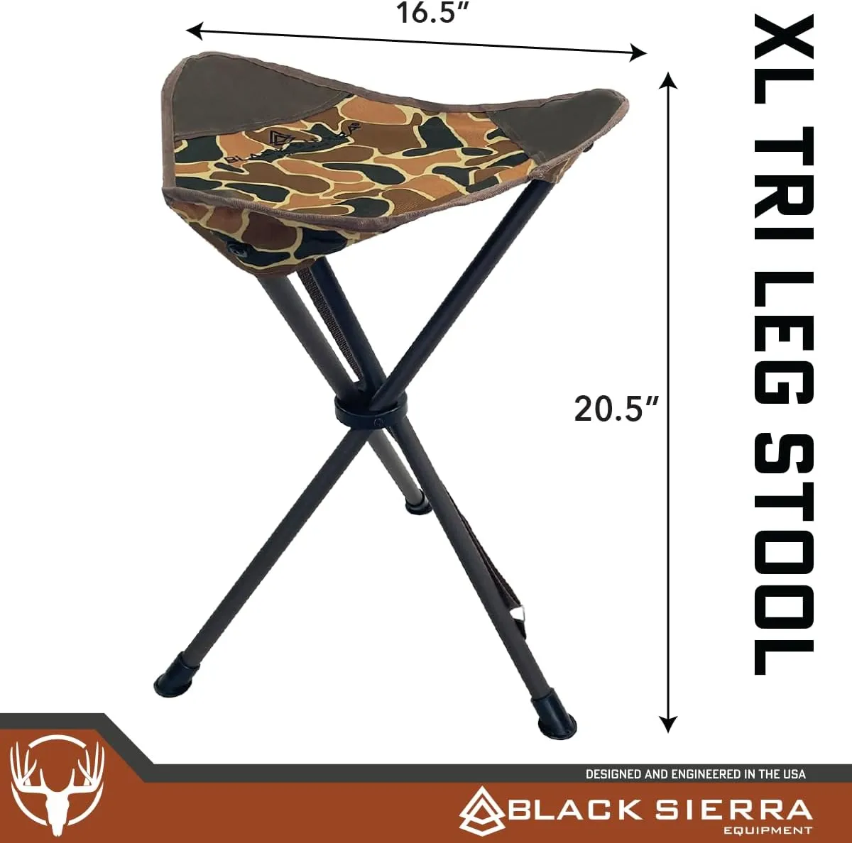 Black Sierra Folding Hunting Stool w/Shoulder Strap Supports 225 lbs, Lightweight Collapsible Tripod Seat, Foldable Steel Frame Chair Perfect for Hunting, Fishing, Camping, Hiking, Travel