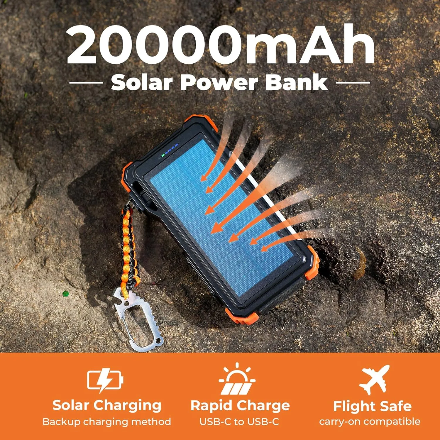 BLAVOR Solar Charger 20000mAh Built-in Cables, 20W Fast Charging Portable Power Bank with USB C, Camping Light, Flashlight, Battery Pack for iPhone 16 15 14 13 12 11, iPad, Samsung, Apple Watch