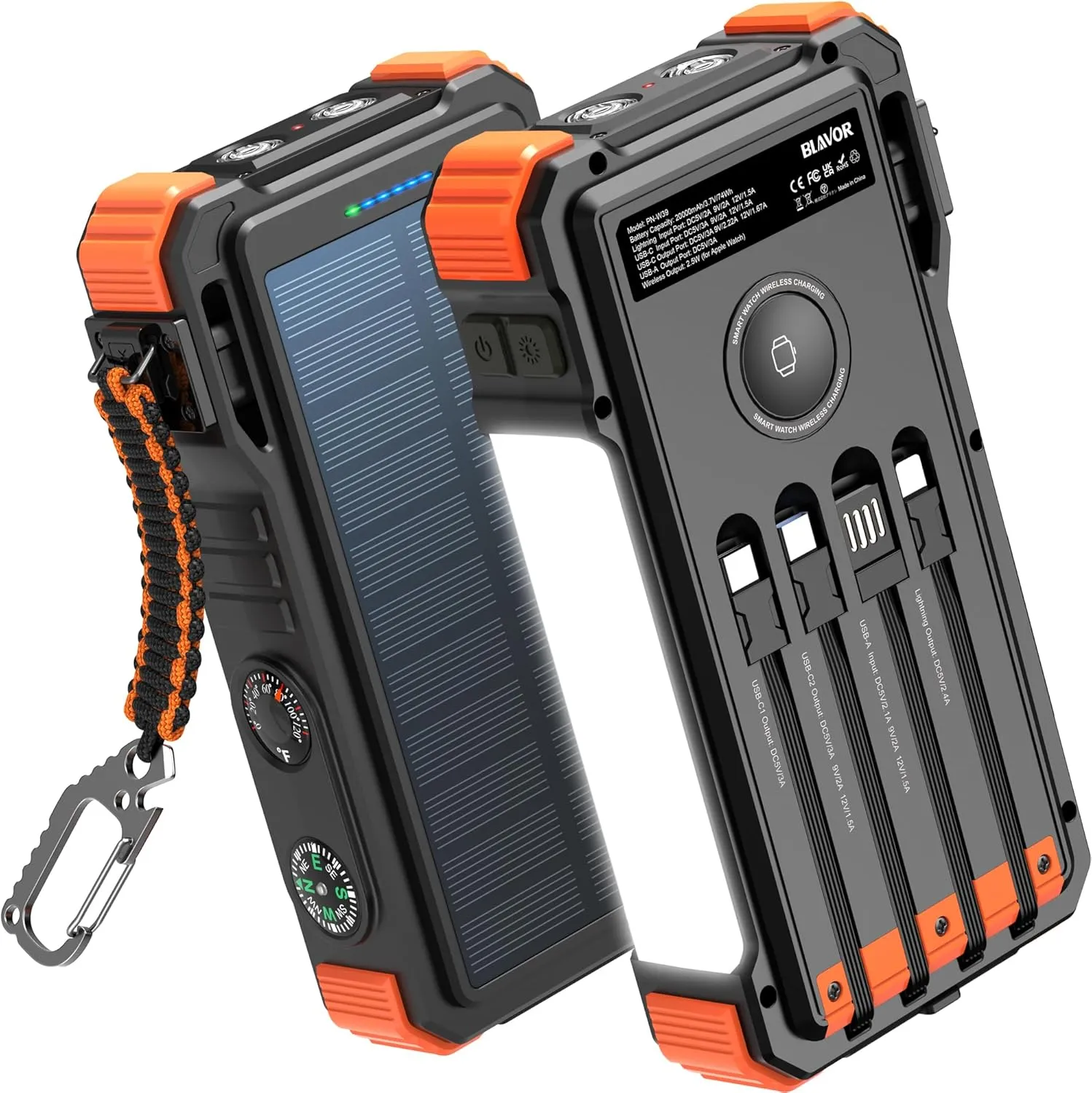 BLAVOR Solar Charger 20000mAh Built-in Cables, 20W Fast Charging Portable Power Bank with USB C, Camping Light, Flashlight, Battery Pack for iPhone 16 15 14 13 12 11, iPad, Samsung, Apple Watch
