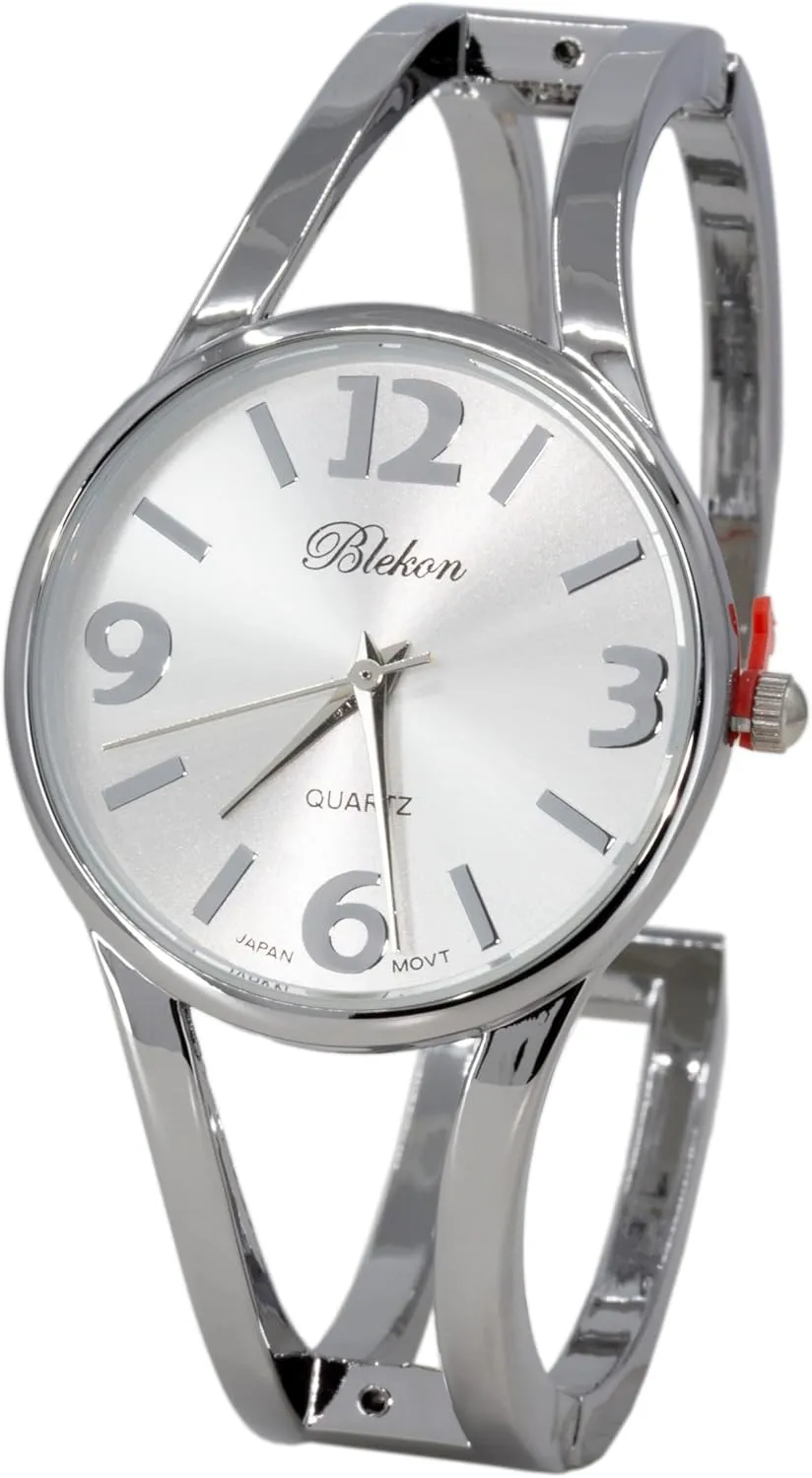 Blekon Collections Women's Elegant Analog Quartz Watch - 33mm Case, Casual Metal Cuff Bangle Design, Adjustable Fit for 7-8 Inch Wrist Size