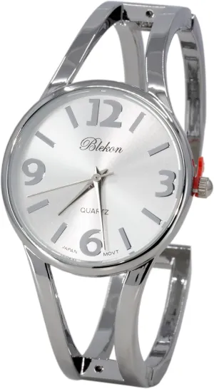 Blekon Collections Women's Elegant Analog Quartz Watch - 33mm Case, Casual Metal Cuff Bangle Design, Adjustable Fit for 7-8 Inch Wrist Size