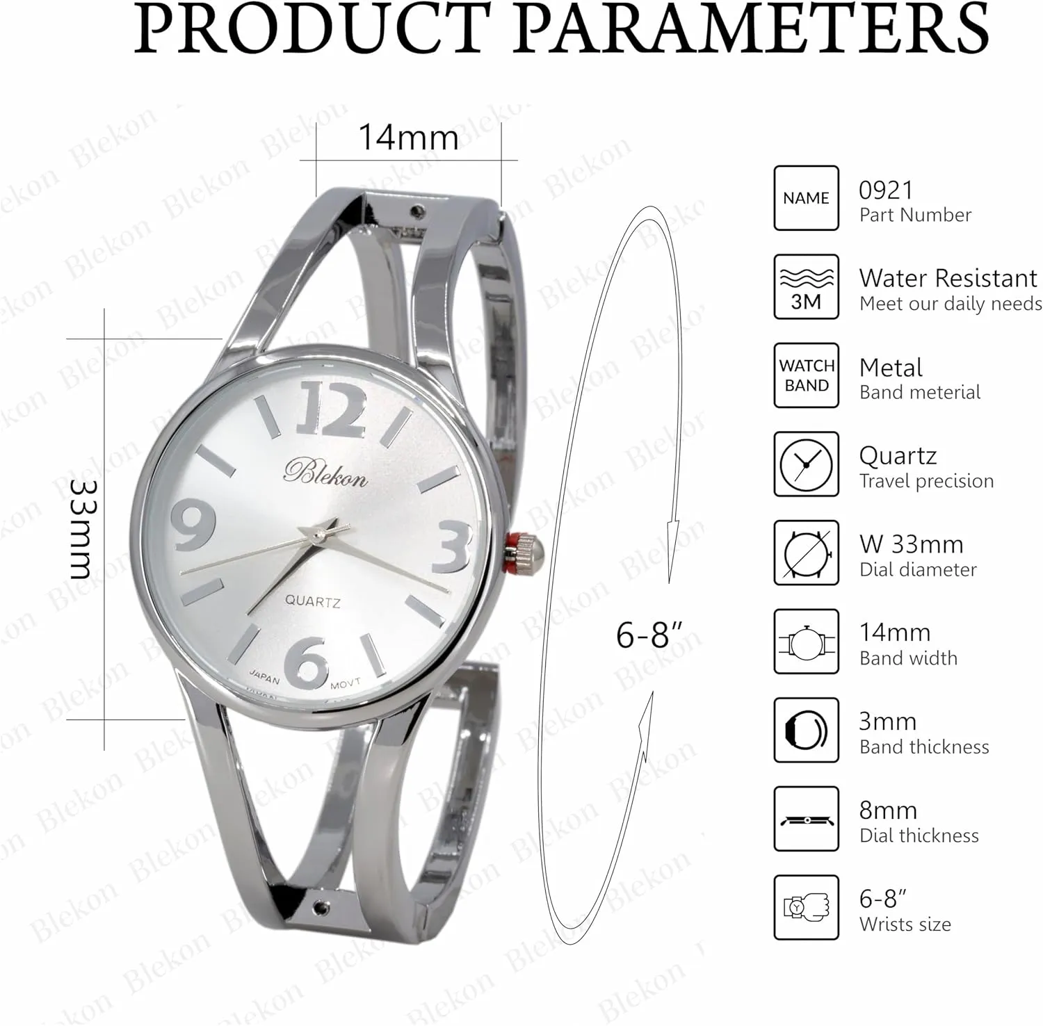 Blekon Collections Women's Elegant Analog Quartz Watch - 33mm Case, Casual Metal Cuff Bangle Design, Adjustable Fit for 7-8 Inch Wrist Size