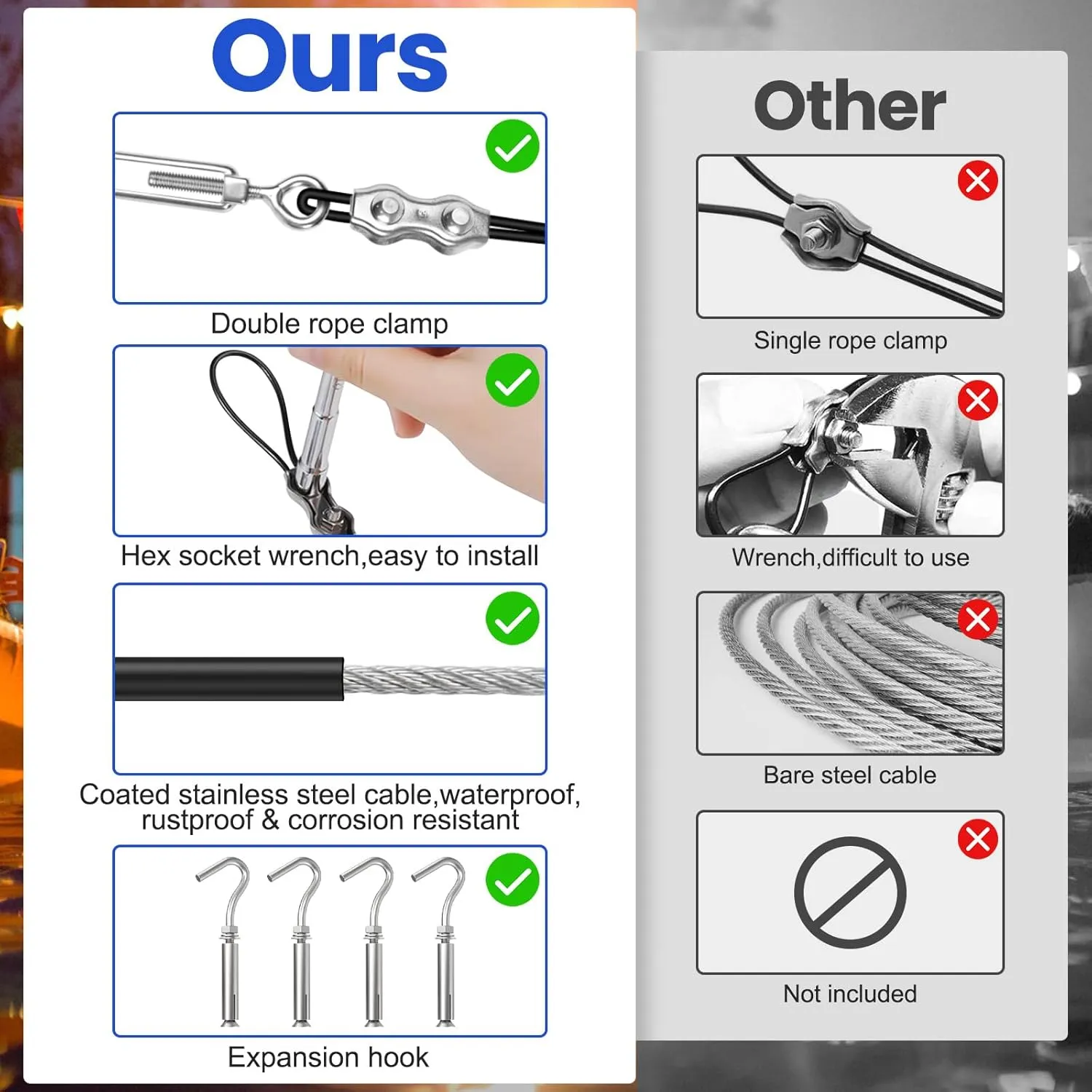 BLIKA String Light Hanging Kits, 170FT Coated Stainless Steel 304 Wire Rope, Outdoor Light Guide Wire, Globe String Light Suspension Kit Included Turnbuckles, Enough Accessories, Use Manual