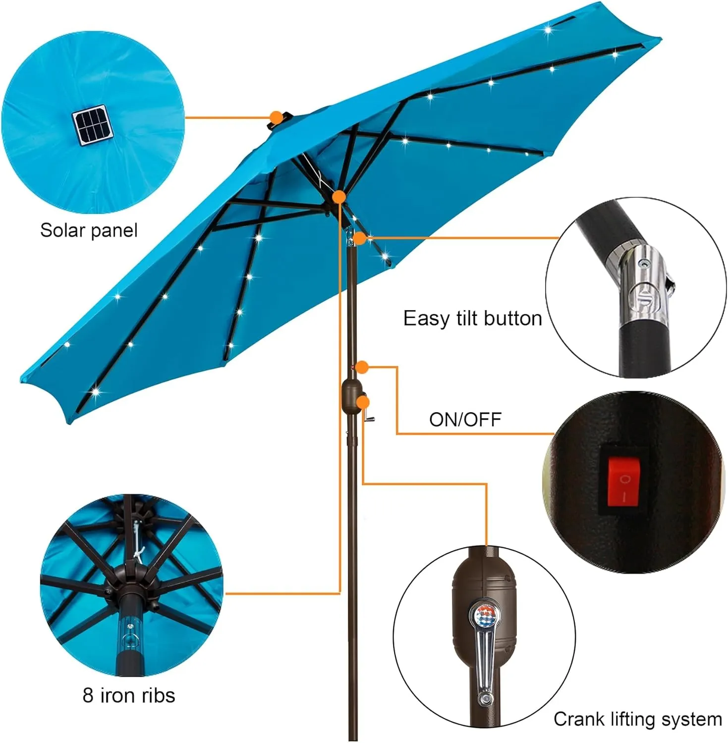 Blissun 9 ft Solar Umbrella, 32 LED Lighted Patio Umbrella, Table Market Umbrella, Outdoor Umbrella for Garden, Deck, Backyard, Pool and Beach (Light Blue)
