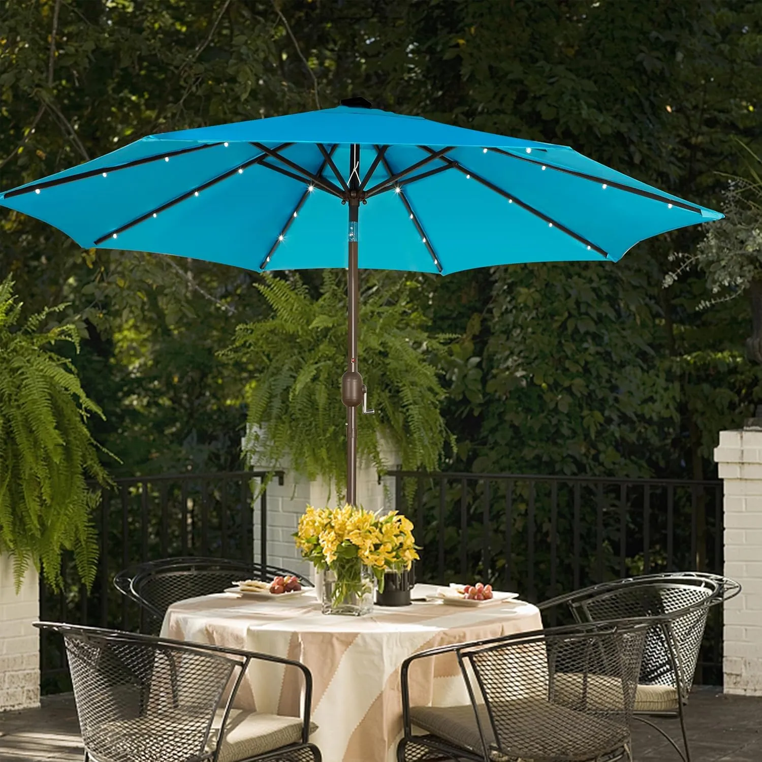 Blissun 9 ft Solar Umbrella, 32 LED Lighted Patio Umbrella, Table Market Umbrella, Outdoor Umbrella for Garden, Deck, Backyard, Pool and Beach (Light Blue)