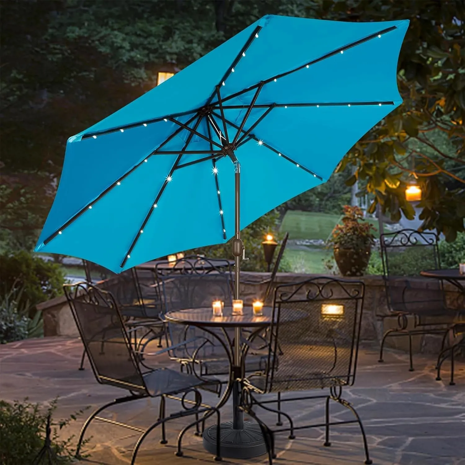 Blissun 9 ft Solar Umbrella, 32 LED Lighted Patio Umbrella, Table Market Umbrella, Outdoor Umbrella for Garden, Deck, Backyard, Pool and Beach (Light Blue)