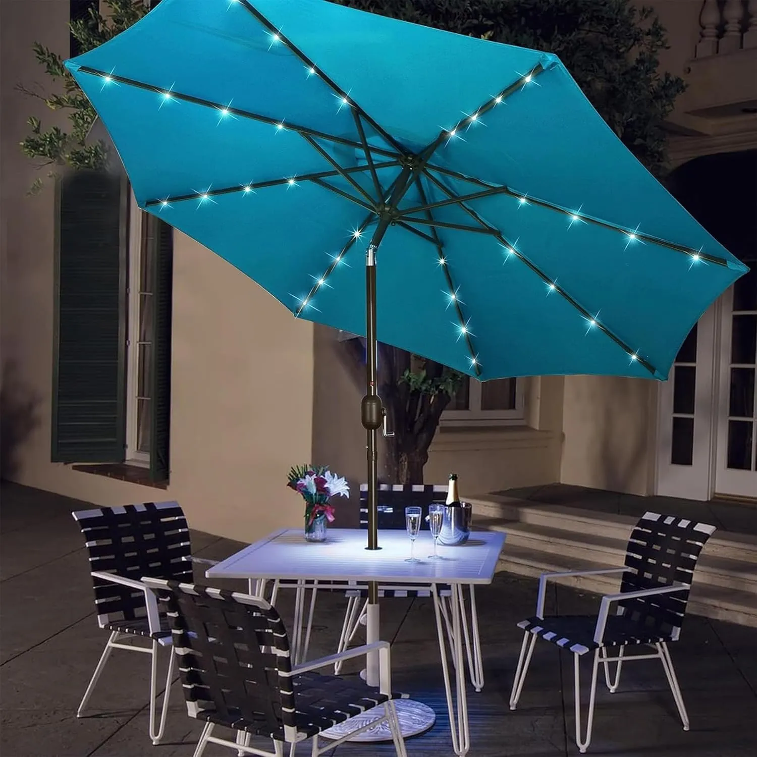 Blissun 9 ft Solar Umbrella, 32 LED Lighted Patio Umbrella, Table Market Umbrella, Outdoor Umbrella for Garden, Deck, Backyard, Pool and Beach (Light Blue)