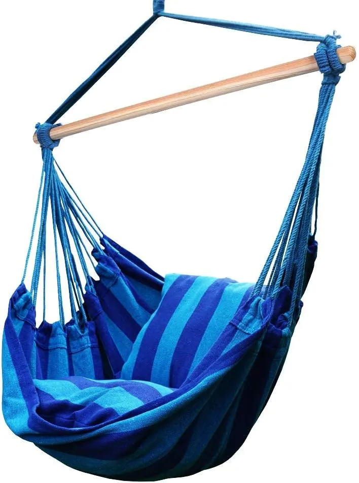 Blissun Hanging Hammock Chair, Hanging Swing Chair with Two Cushions, 34 Inch Wide Seat Blue & Green Stripes (Seaside Stripe)