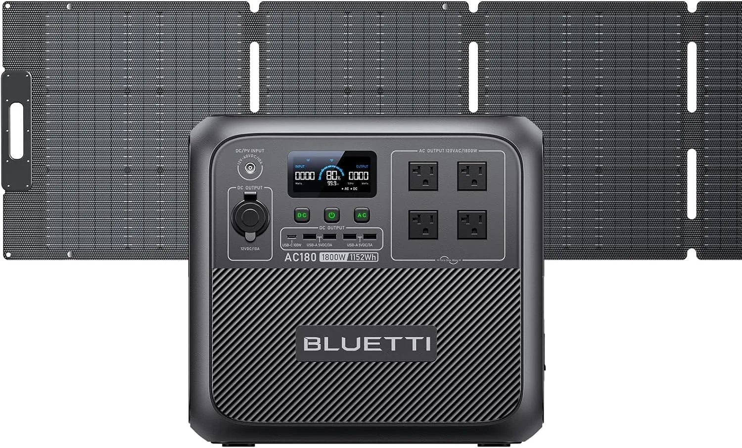 BLUETTI Solar Generator AC180 with 200W Solar Panel (Ships Separately), 1,152Wh Portable Power Station w/ 4 1,800W (2,700W Surge) AC Outlets, LFP Power for Camping, Off-Grid