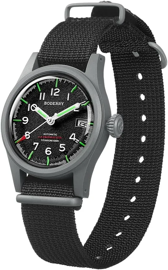 BODERRY Men's Watch Titanium Automatic Field Watch 38mm Military Watch Day Date Function 100M Waterproof with Nylon Strap Japanese NH35 Mechanical Movement & Screw Down Crown—LANDMASTER