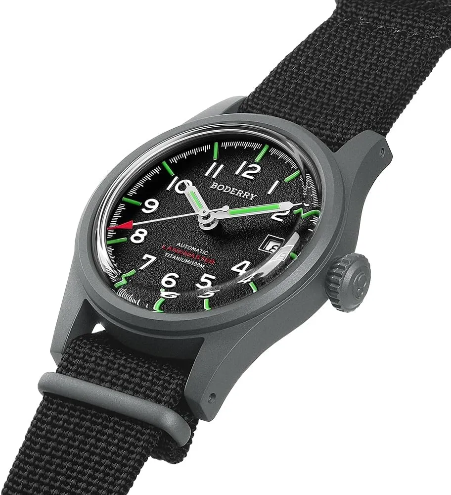 BODERRY Men's Watch Titanium Automatic Field Watch 38mm Military Watch Day Date Function 100M Waterproof with Nylon Strap Japanese NH35 Mechanical Movement & Screw Down Crown—LANDMASTER
