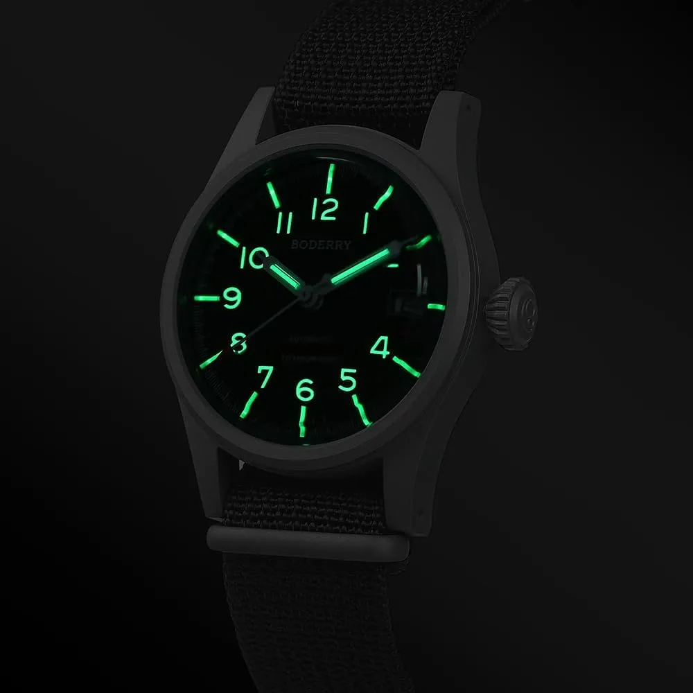 BODERRY Men's Watch Titanium Automatic Field Watch 38mm Military Watch Day Date Function 100M Waterproof with Nylon Strap Japanese NH35 Mechanical Movement & Screw Down Crown—LANDMASTER