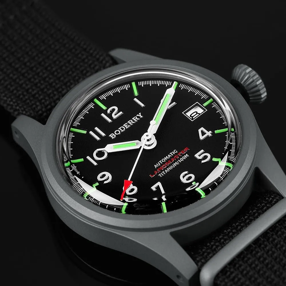 BODERRY Men's Watch Titanium Automatic Field Watch 38mm Military Watch Day Date Function 100M Waterproof with Nylon Strap Japanese NH35 Mechanical Movement & Screw Down Crown—LANDMASTER