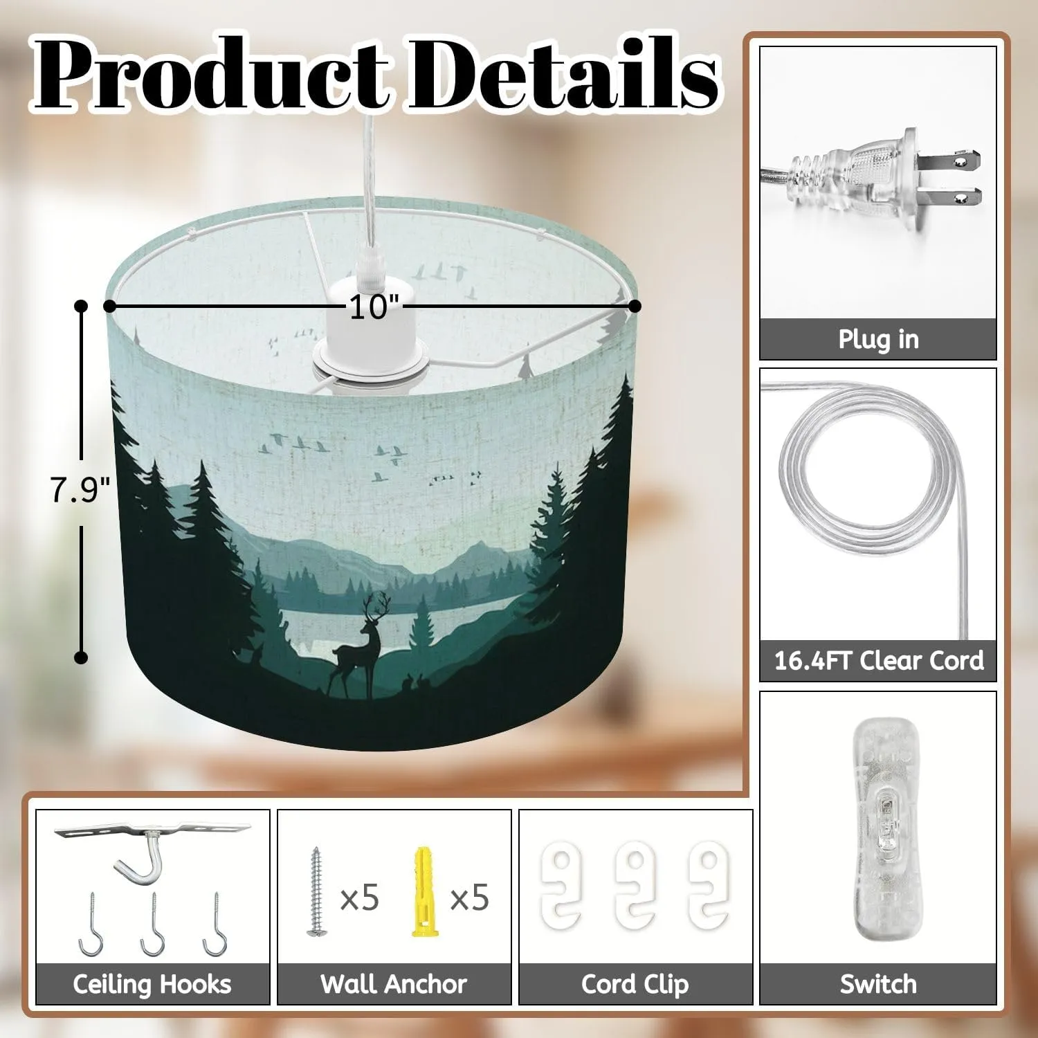 Boho Plug in Pendant Light Mountain Landscape Deer Forest Lake 16.4ft Hanging Light with Plug in Cord Dimmable Hanging Lamp with Fabric Shade for Kitchen Island