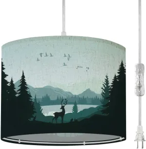 Boho Plug in Pendant Light Mountain Landscape Deer Forest Lake 16.4ft Hanging Light with Plug in Cord Dimmable Hanging Lamp with Fabric Shade for Kitchen Island