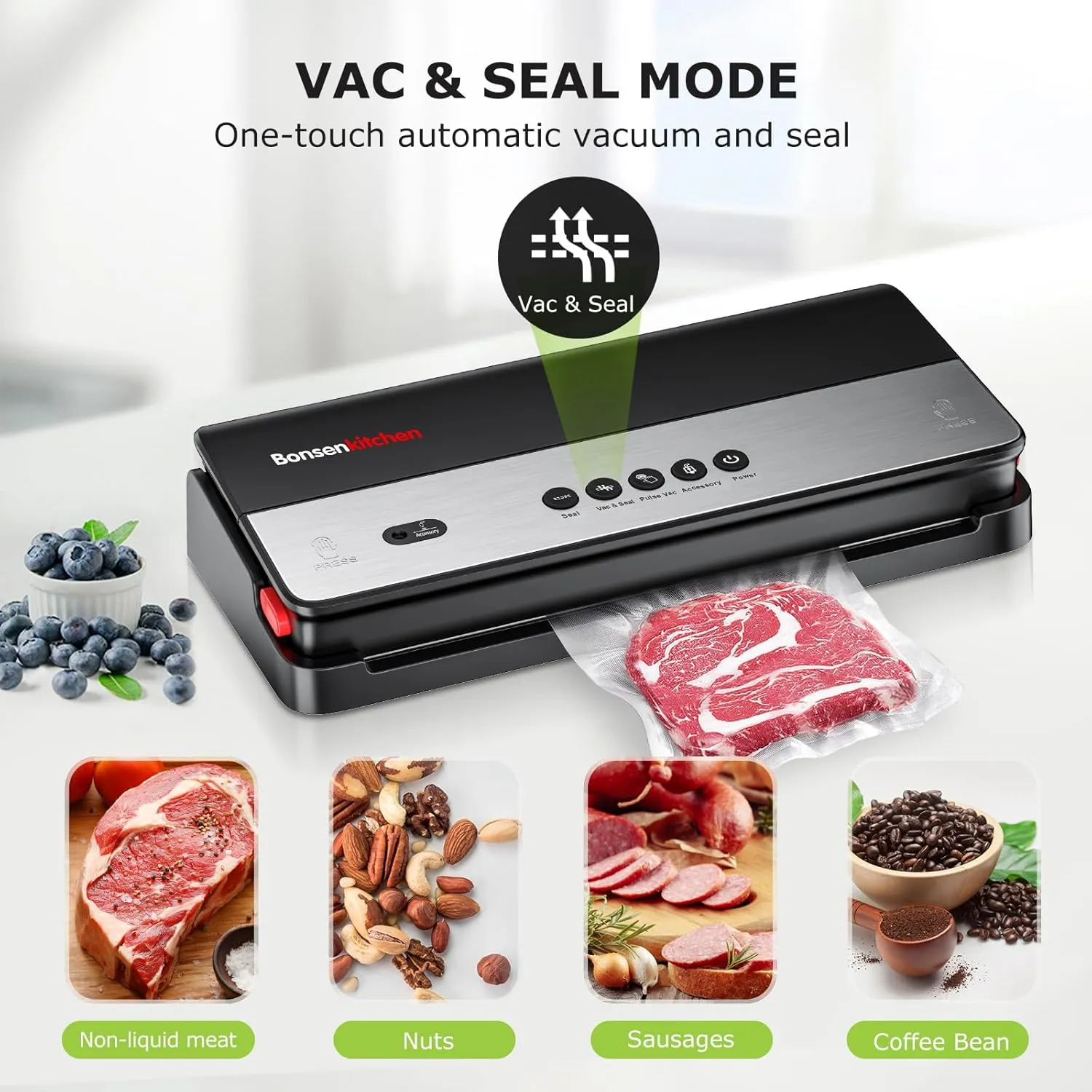 Bonsenkitchen Vacuum Sealer Machine, Multi-Functional Food Sealer, Built-in Cutter & Bag Storage, Globefish Technology for High-Speed Continuous Working, Include 50 Vacuum Bags & 1 Roll Bag, Black