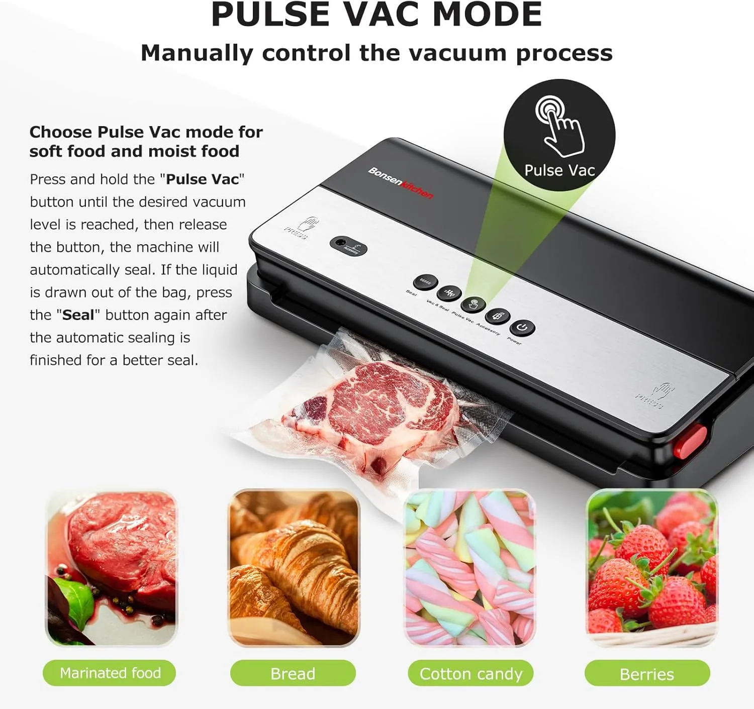 Bonsenkitchen Vacuum Sealer Machine, Multi-Functional Food Sealer, Built-in Cutter & Bag Storage, Globefish Technology for High-Speed Continuous Working, Include 50 Vacuum Bags & 1 Roll Bag, Black