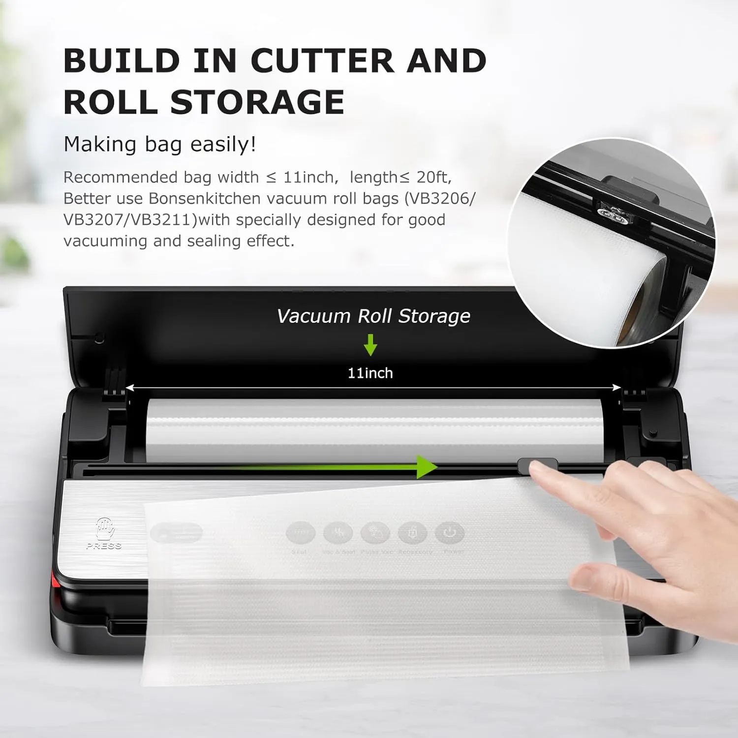 Bonsenkitchen Vacuum Sealer Machine, Multi-Functional Food Sealer, Built-in Cutter & Bag Storage, Globefish Technology for High-Speed Continuous Working, Include 50 Vacuum Bags & 1 Roll Bag, Black