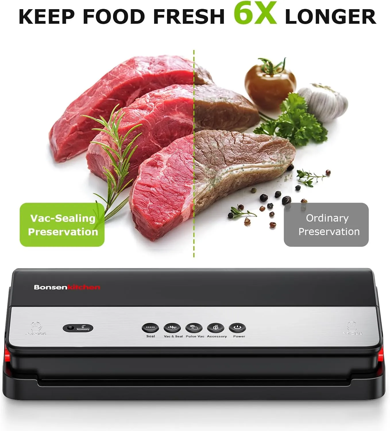 Bonsenkitchen Vacuum Sealer Machine, Multi-Functional Food Sealer, Built-in Cutter & Bag Storage, Globefish Technology for High-Speed Continuous Working, Include 50 Vacuum Bags & 1 Roll Bag, Black