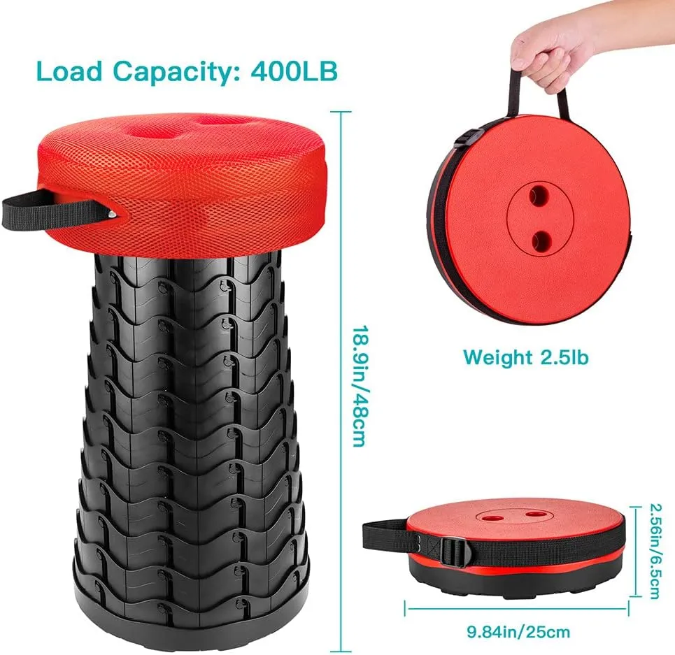 Boreeman Upgraded Folding Stool with Cushion Lightweight Yet More Sturdy with Load Capacity 400lbs Portable Collapsible Stool Retractable Stool for Camping Fishing Hiking BBQ (Red)