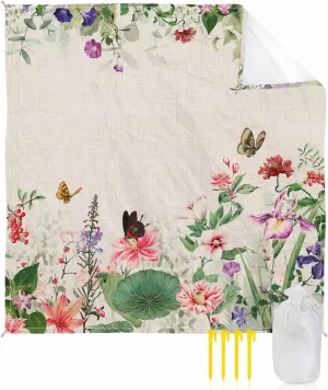 Botanical Beach Blanket Large with Stakes Waterproof Sandproof Beach Mat with Corner Pockets for Outdoor Travel Camping Hiking Picnic Essentials,Spring Vintage Watercolor Floral Garden Herbs 95"x80"