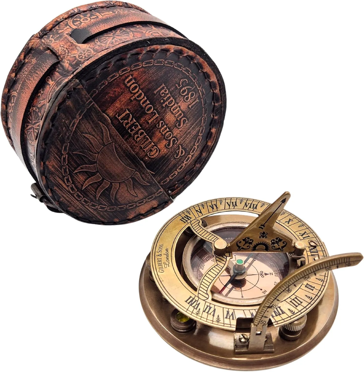 Brass & Copper Sundial Compass – Engraved Sundial Clock with Lid for Hiking, Camping, and Navigation – Handmade Nautical Compass, Great Gift for Hikers & Travelers