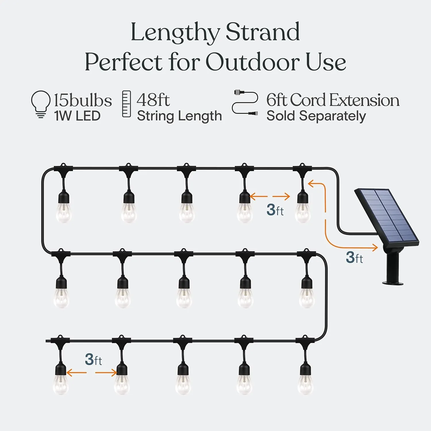 Brightech Ambience Pro - Waterproof, Solar Power Outdoor String Lights - 48 Ft Hanging Edison Bulbs Create Bistro Ambience in Your Yard - Commercial Grade, Shatterproof - 1W LED, Soft White Light