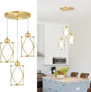 Brushed Gold Pendant Light Fixtures, 3-Light Dining Room Chandeliers with Frosted Glass, Modern Cluster Hanging Pendant Lighting for Kitchen Island Sink Bedroom, CH9176BGW3