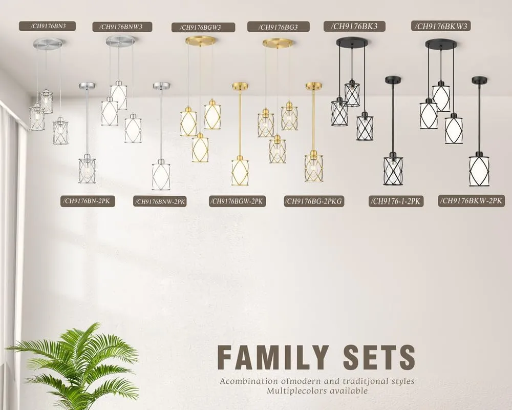 Brushed Gold Pendant Light Fixtures, 3-Light Dining Room Chandeliers with Frosted Glass, Modern Cluster Hanging Pendant Lighting for Kitchen Island Sink Bedroom, CH9176BGW3