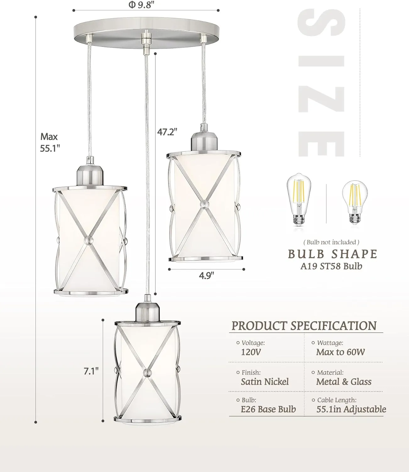 Brushed Nickel Dining Room Chandelier Light Fixture, 3-Light Pendant Lighting with Frosted Glass, Modern Kitchen Island Cluster Hanging Pendant Lights for Sink, CH9176BNW3