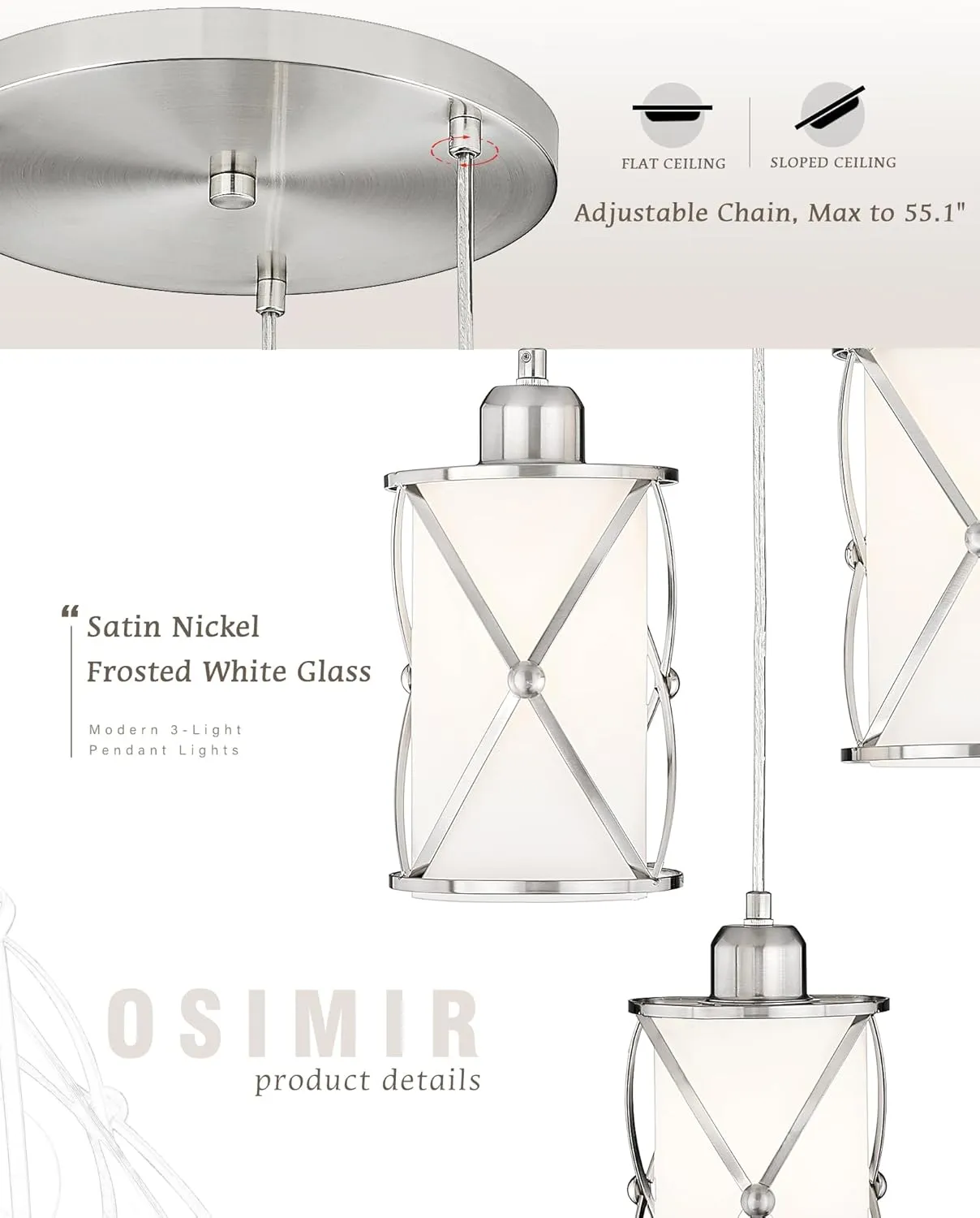 Brushed Nickel Dining Room Chandelier Light Fixture, 3-Light Pendant Lighting with Frosted Glass, Modern Kitchen Island Cluster Hanging Pendant Lights for Sink, CH9176BNW3