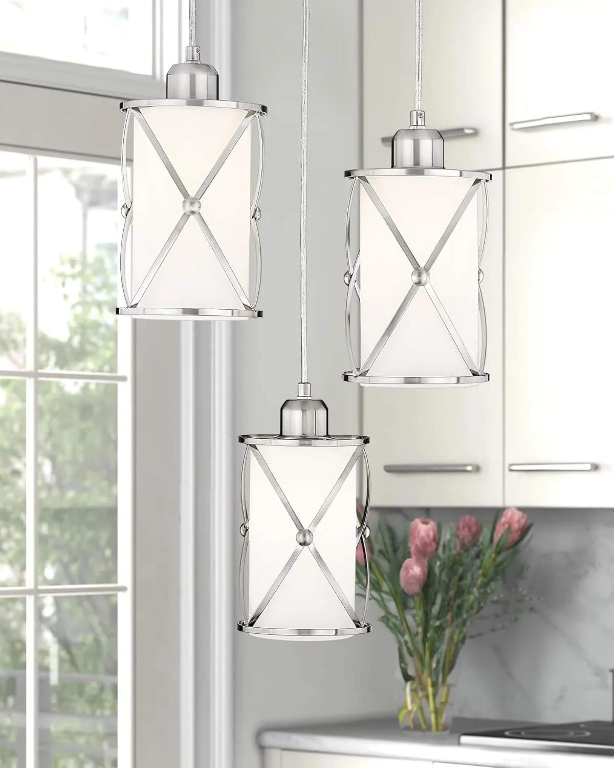 Brushed Nickel Dining Room Chandelier Light Fixture, 3-Light Pendant Lighting with Frosted Glass, Modern Kitchen Island Cluster Hanging Pendant Lights for Sink, CH9176BNW3