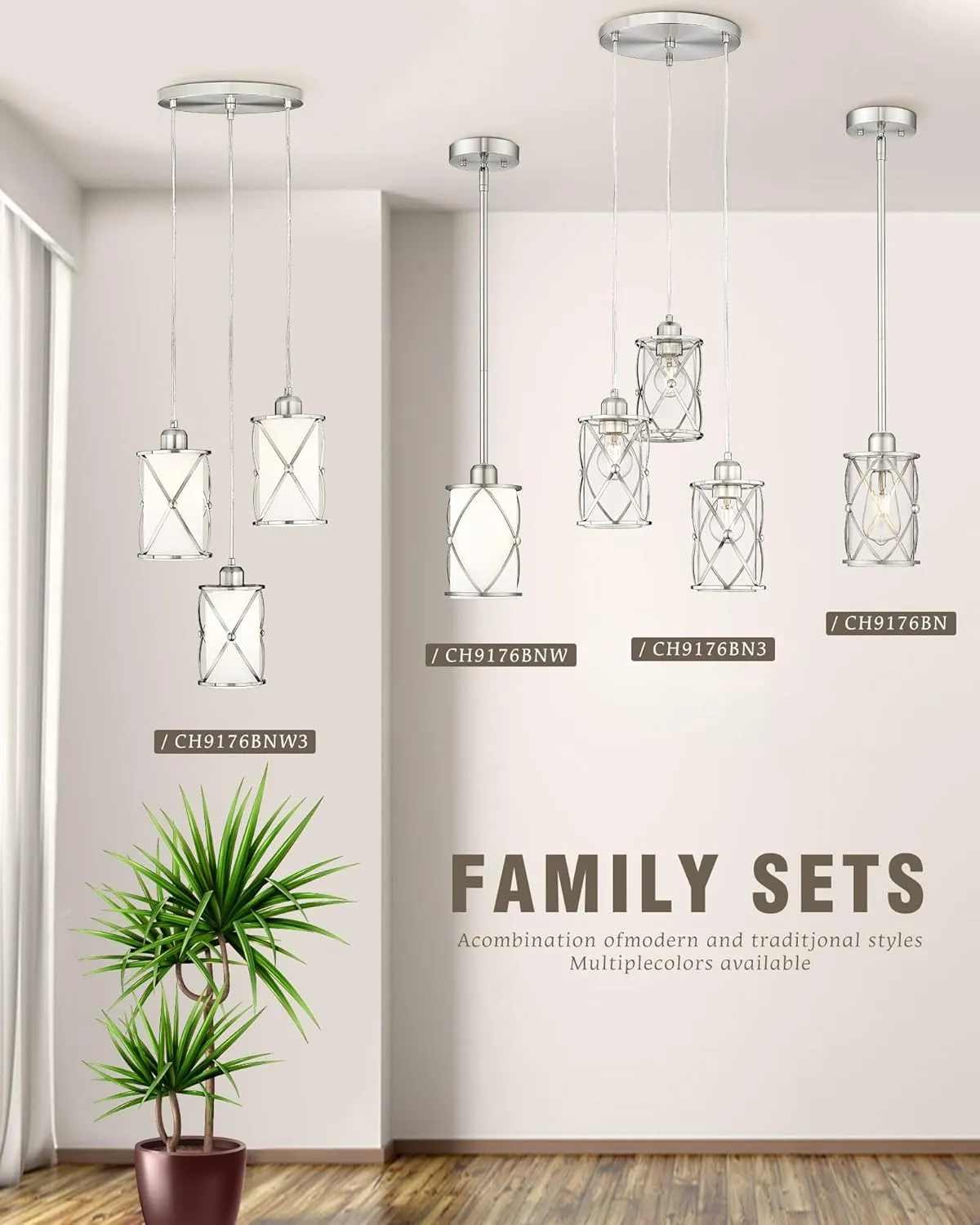 Brushed Nickel Dining Room Chandelier Light Fixture, 3-Light Pendant Lighting with Frosted Glass, Modern Kitchen Island Cluster Hanging Pendant Lights for Sink, CH9176BNW3