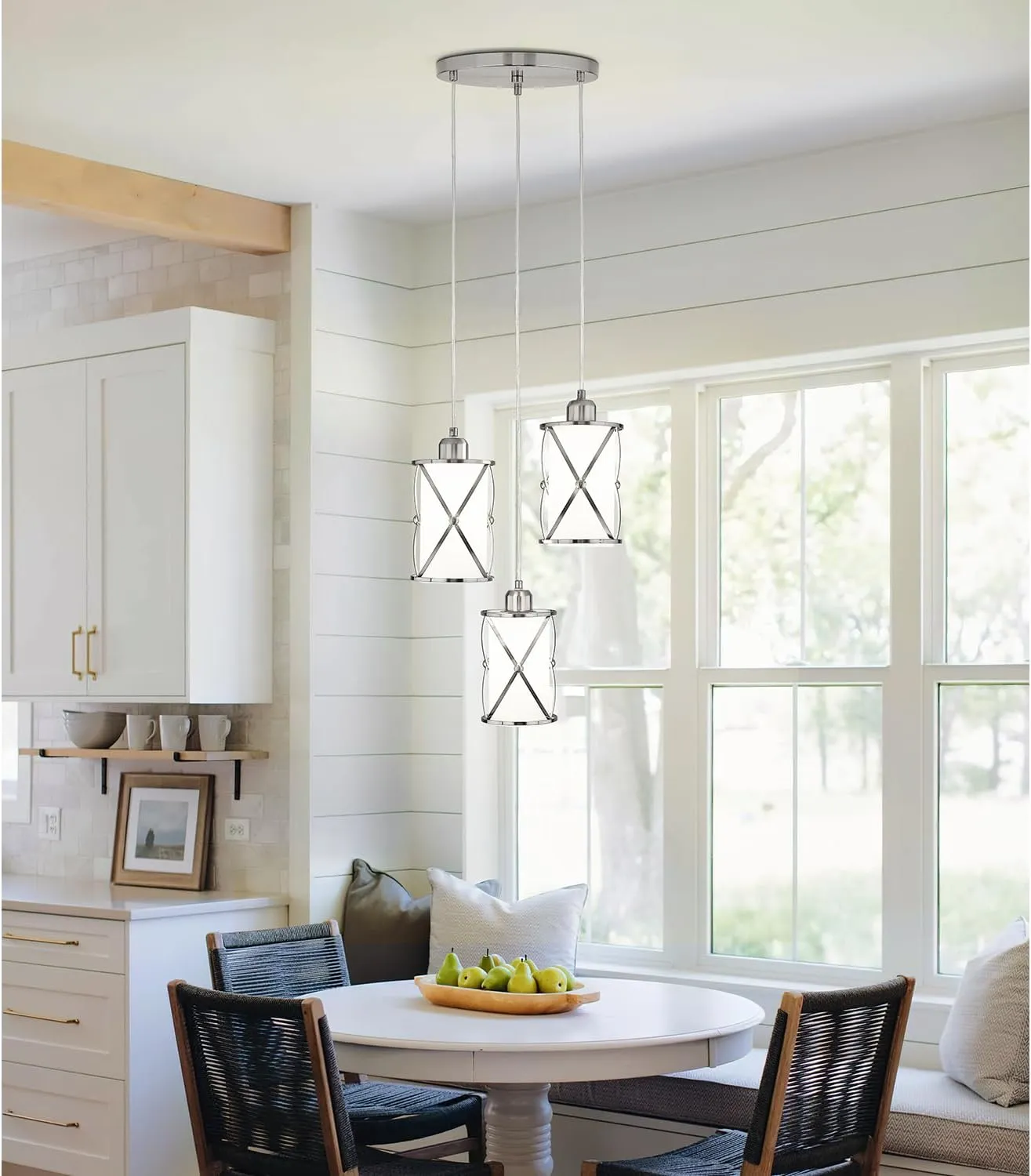 Brushed Nickel Dining Room Chandelier Light Fixture, 3-Light Pendant Lighting with Frosted Glass, Modern Kitchen Island Cluster Hanging Pendant Lights for Sink, CH9176BNW3