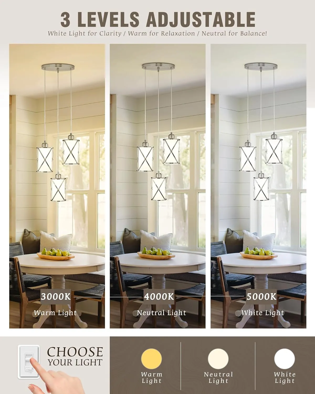 Brushed Nickel Dining Room Chandelier Light Fixture, 3-Light Pendant Lighting with Frosted Glass, Modern Kitchen Island Cluster Hanging Pendant Lights for Sink, CH9176BNW3