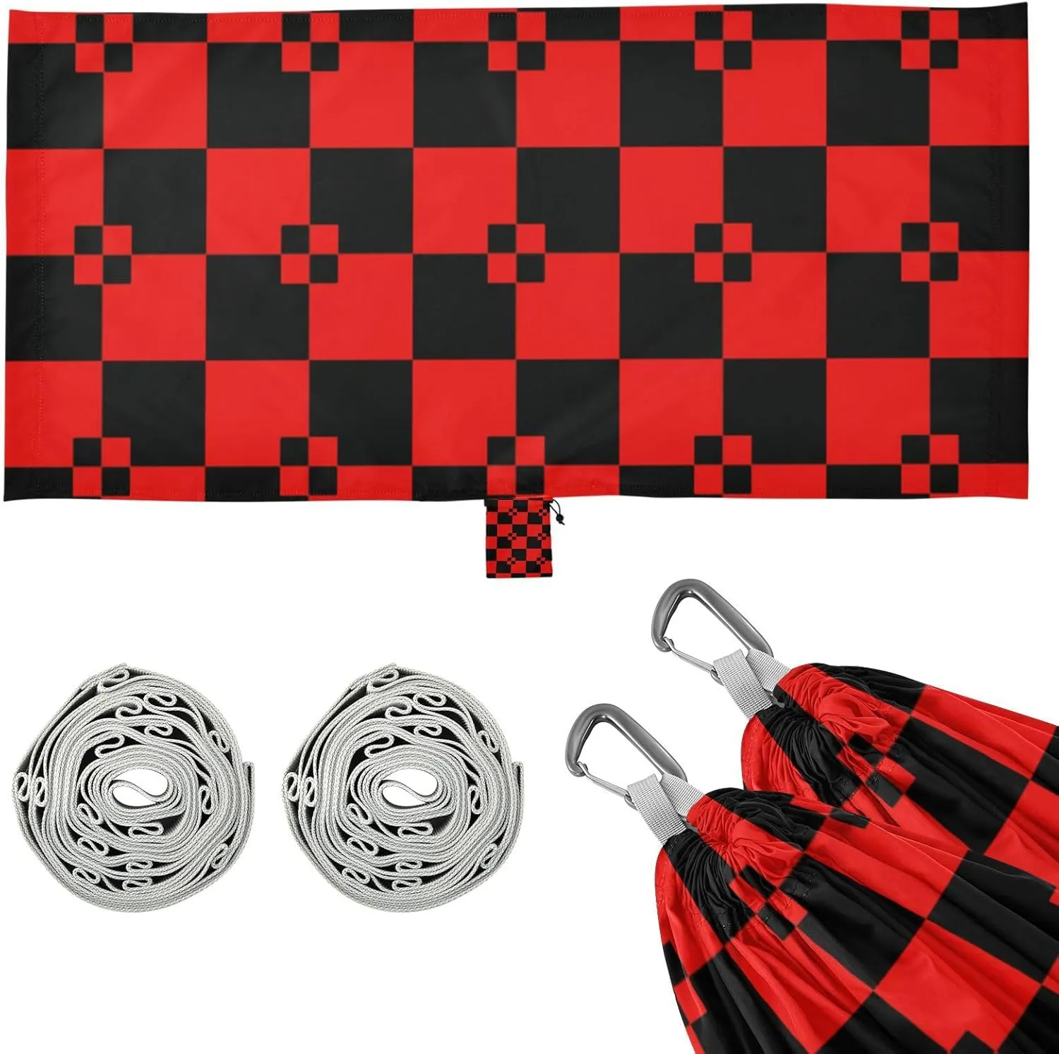 Buffalo Plaid Black Red Outdoor Hammock with Hanging Rope Swing Hammock for Patio Backyard Lounge Base
