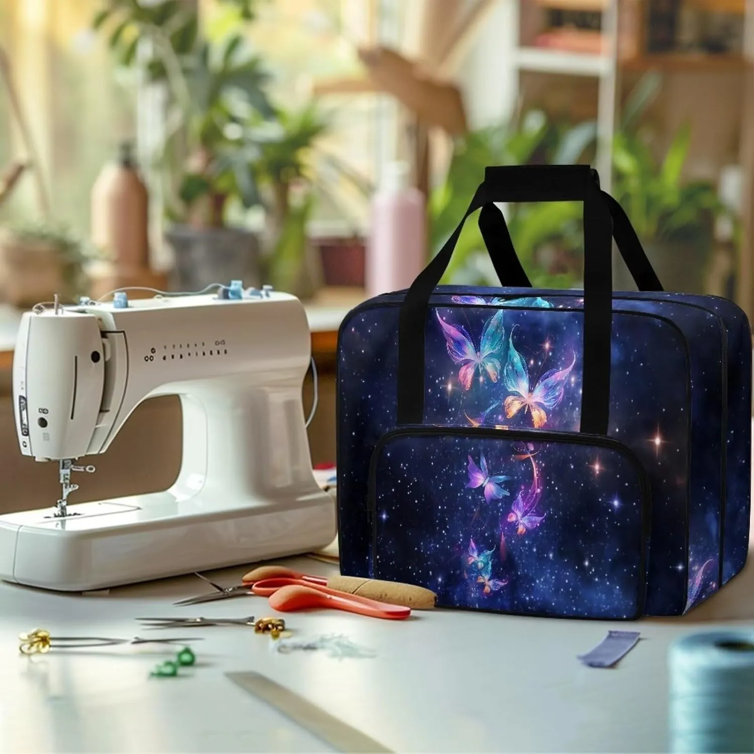 Butterfly Galaxy Sewing Machine Carrying Case Large Capacity Sewing Bag with Handle, Sewing Machine Carrier Protector Travel Bag Organizer for Most Singer, Brother Sewing Machines