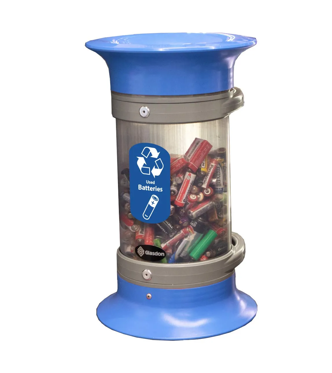 C-Thru 5Q Battery Recycling Tube (Blue) - Small Compact Transparent Collection Bin - Standard/Recycle Across America Decals