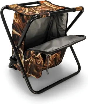 Camco Folding Camping Stool Backpack Cooler Trio- Camping/Hiking Bag with Waterproof Insulated Cooler Pockets and Sturdy Legs for Seating, Great for Travel - Camouflage (51908)