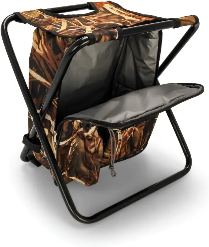 Camco Folding Camping Stool Backpack Cooler Trio- Camping/Hiking Bag with Waterproof Insulated Cooler Pockets and Sturdy Legs for Seating, Great for Travel - Camouflage (51908)