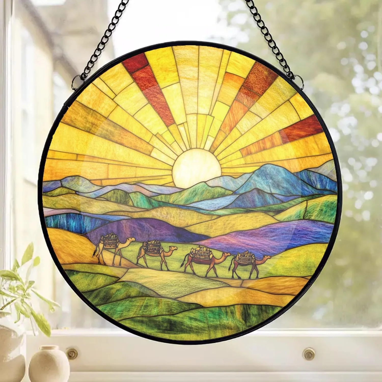 Camel Caravan Crossing The Desert Decor Suncatcher Stained Glass Window Hanging- Custom Suncatcher 2025, Wooden Ornament, Christmas Hanging Decor, Suncatcher for Christmas Tree. X2M2wx