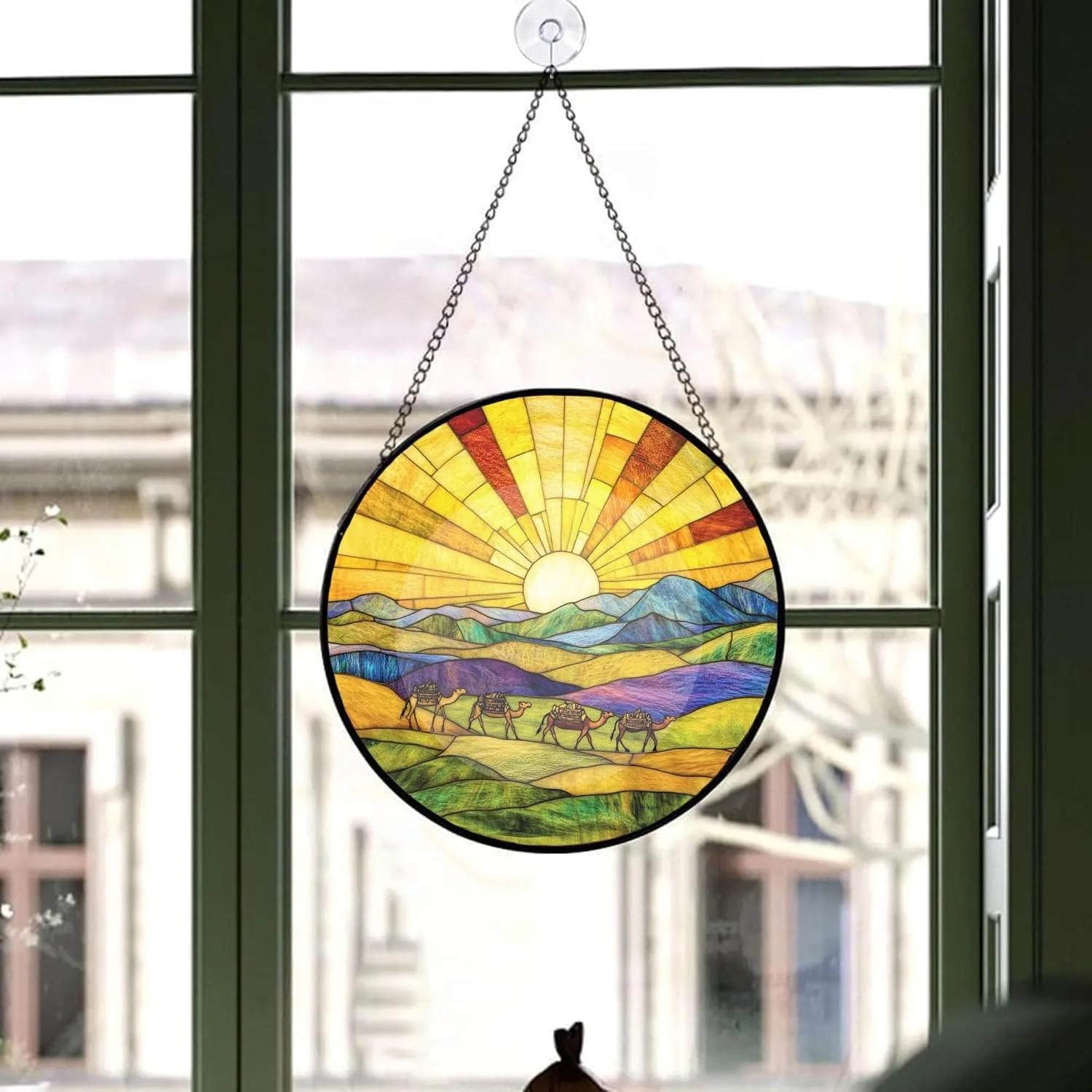 Camel Caravan Crossing The Desert Decor Suncatcher Stained Glass Window Hanging- Custom Suncatcher 2025, Wooden Ornament, Christmas Hanging Decor, Suncatcher for Christmas Tree. X2M2wx