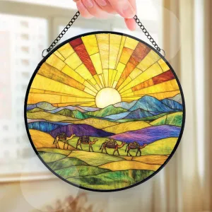 Camel Caravan Crossing The Desert Decor Suncatcher Stained Glass Window Hanging- Custom Suncatcher 2025, Wooden Ornament, Christmas Hanging Decor, Suncatcher for Christmas Tree. X2M2wx